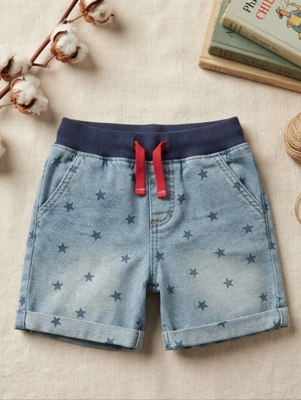 Kids Star-Print Denim Shorts with Navy Waistband